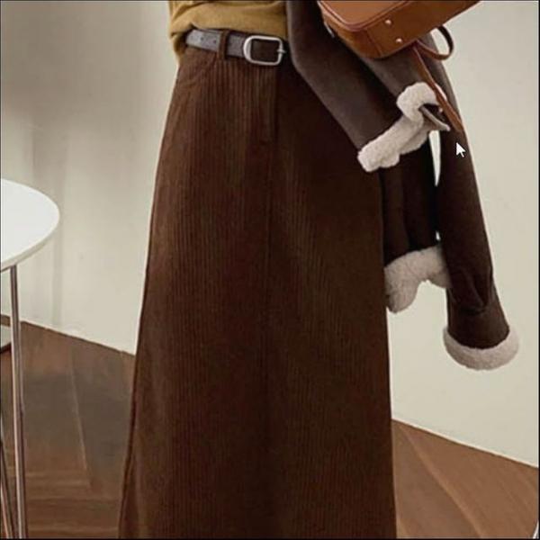 여자 겨울 데일리 H라인 허리벨트 롱치마 뒷트임 골지 스커트