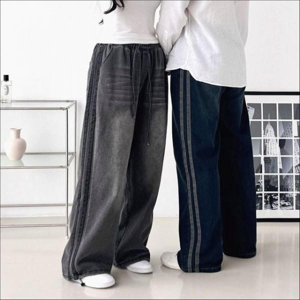 남녀공용 허리밴딩 와이드핏 청바지 옆두줄 데님 통바지 2색