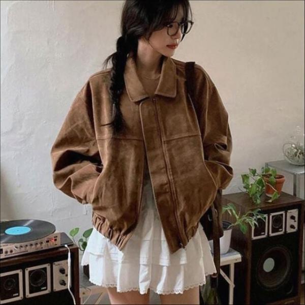 여성 스웨이드 프렌치무드 가을 숏 카라 자켓 집업 아우터