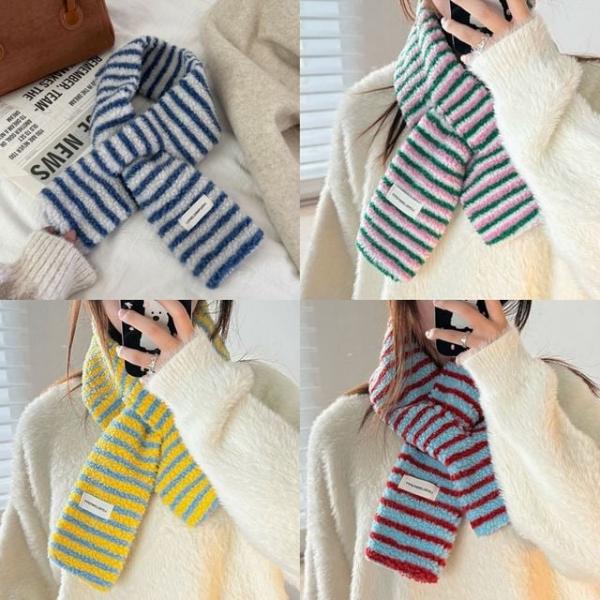 (보리별) 뽀글이 목도리 줄무늬 쁘띠 넥워머 페이크 퍼 컬러풀 스트라이프 커플 머플러