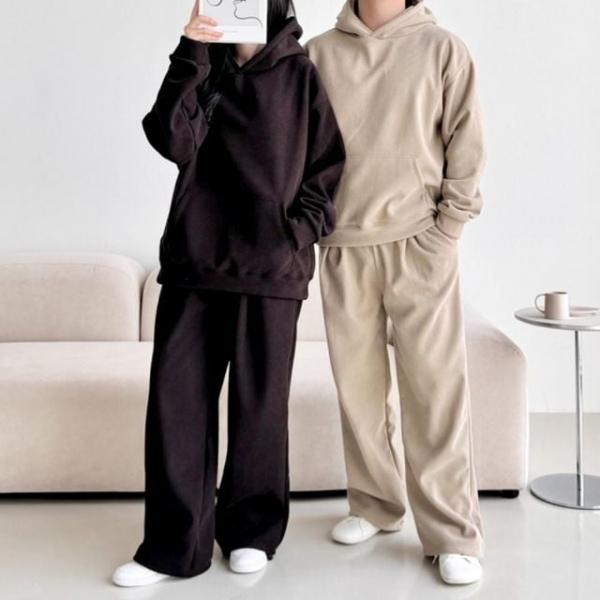 남녀공용 겨울 골덴 골지 후드티 핀턱 와이드 팬츠 세트