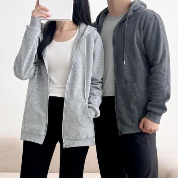 남녀공용 간절기 루즈핏 긴팔 베이직 기모 후드 집업