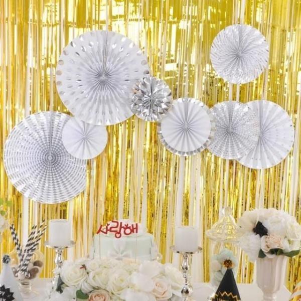 환타스틱파티장식팬세트 8개입 실버 생일 파티 장식 소품 배너 기념일 생일 파티 크리스마스 배너 촬영소품