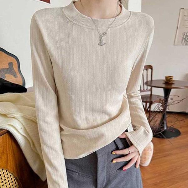 여성 긴팔 데일리 라운드넥 골지 니트티 TDR-0131