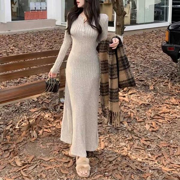 여성 긴팔 니트 슬림A라인 롱 원피스 TDN-0281