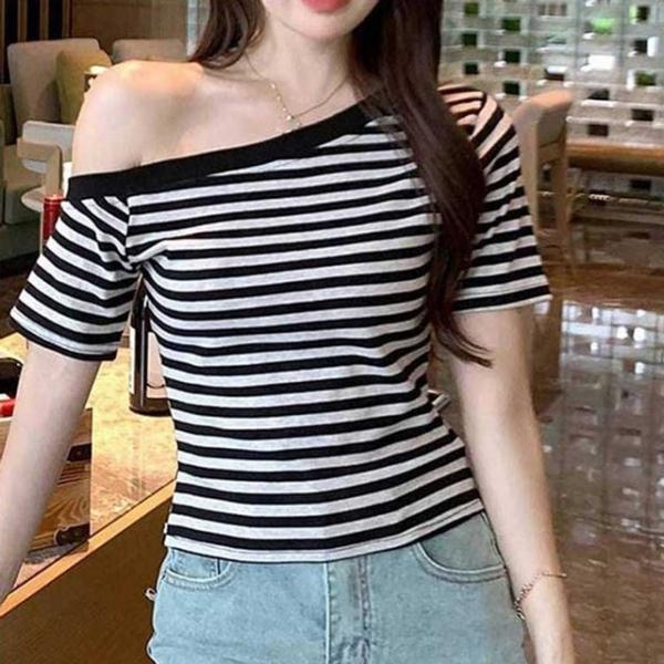 오프숄더 단가라 반팔티 여성 여름 슬림핏티셔츠