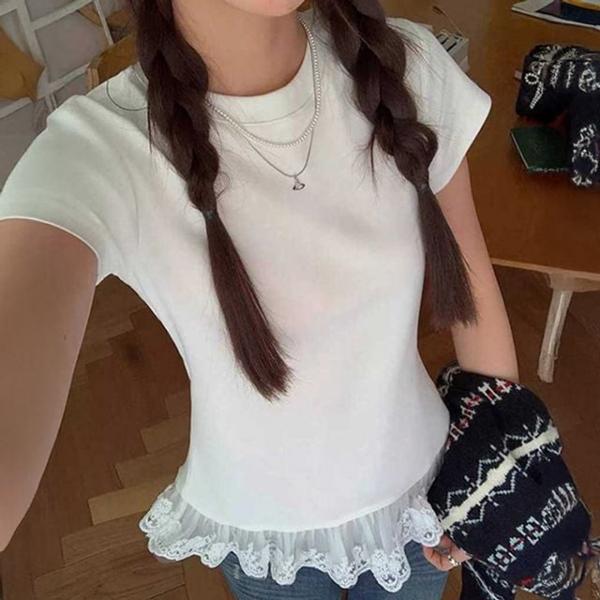 레이스 프릴 밑단 반팔티 여성 여름 퍼프 티셔츠