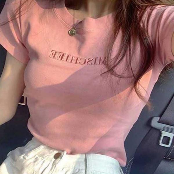 핑크 레터링 슬림 반팔티 여성 여름 캐주얼티셔츠