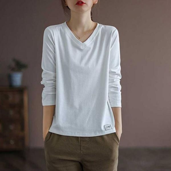 여성 화이트 긴팔티 브이넥 루즈핏 데일리 이너