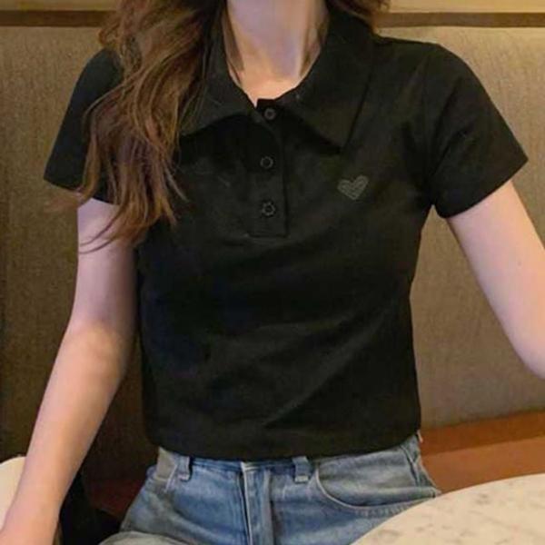 하트 자수 크롭 반팔 카라티 여성 여름 카라티셔츠