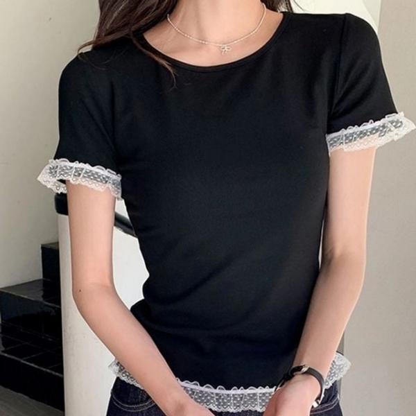 여성 블랙 반팔 티셔츠 레이스 슬림핏 데일리