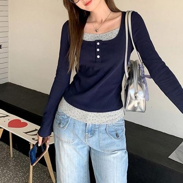여성 네이비 긴팔티 슬림핏 스퀘어넥 티셔츠