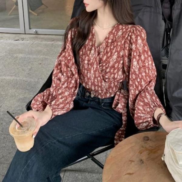 브라운 플라워 랩 블라우스 여성 가을 루즈핏 셔츠