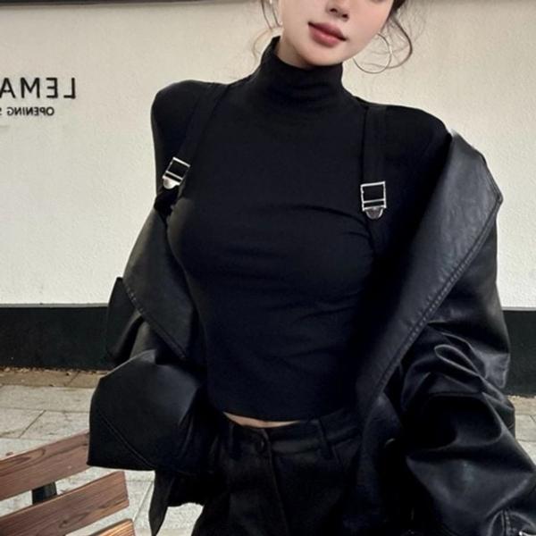하이넥 슬림 크롭티 여성 가을 겨울 블랙 긴팔티