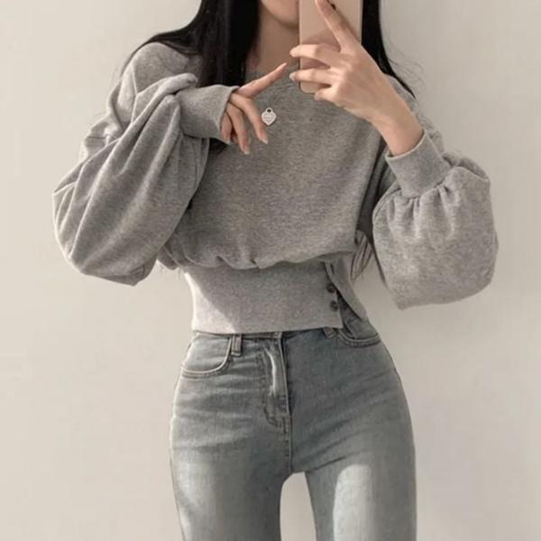 여성 그레이 맨투맨 루즈핏 크롭 티셔츠