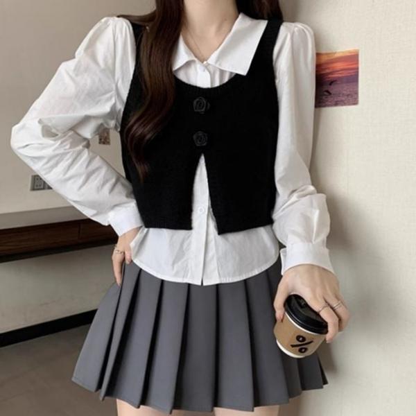 여성 블랙 니트 베스트 크롭 조끼 레이어드