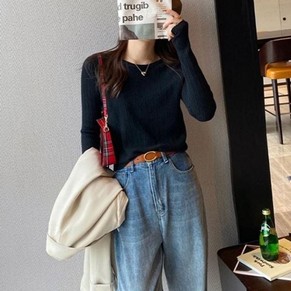 골지 슬림핏 라운드 긴팔티 심플 데일리 베이직룩