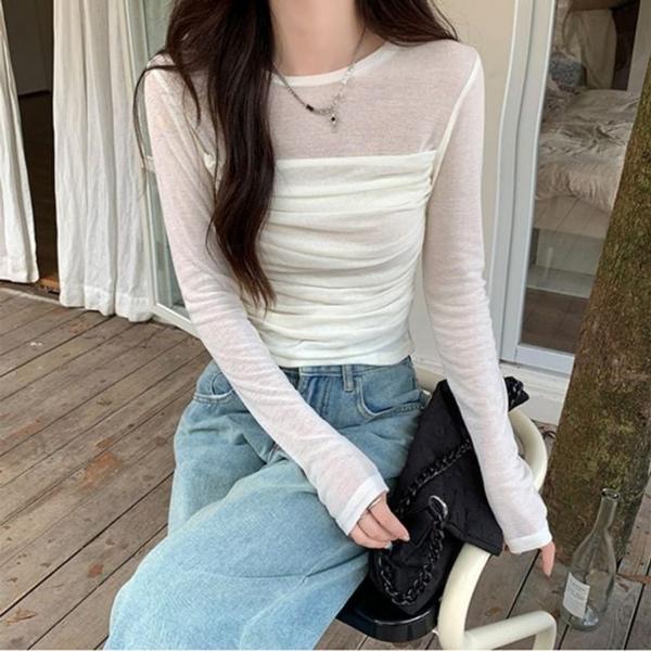 여성 아이보리 시스루 긴팔 티셔츠 슬림핏 이너