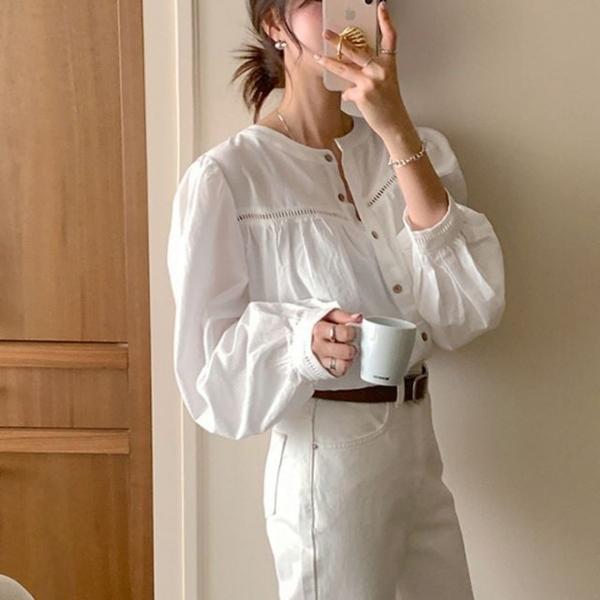 여성 화이트 블라우스 펀칭 셔링 긴팔 봄 오피스