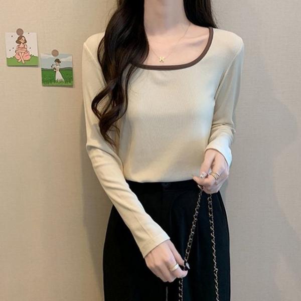 여성 아이보리 골지 긴팔티 슬림핏 데일리 이너