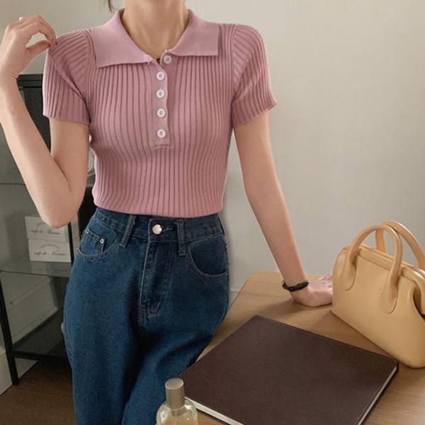 여성 핑크 카라 반팔 니트 골지 슬림핏