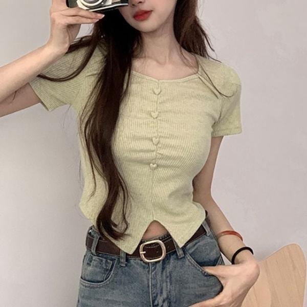 여성 민트 골지 반팔 티셔츠 크롭 슬림핏