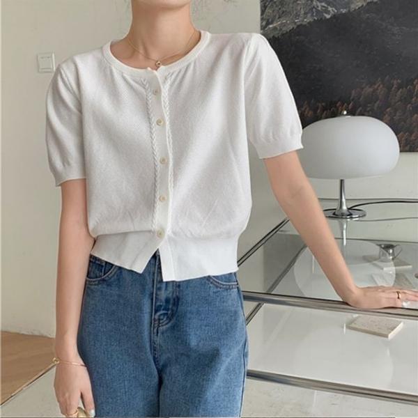 여성 화이트 반팔 가디건 니트 라운드 데일리