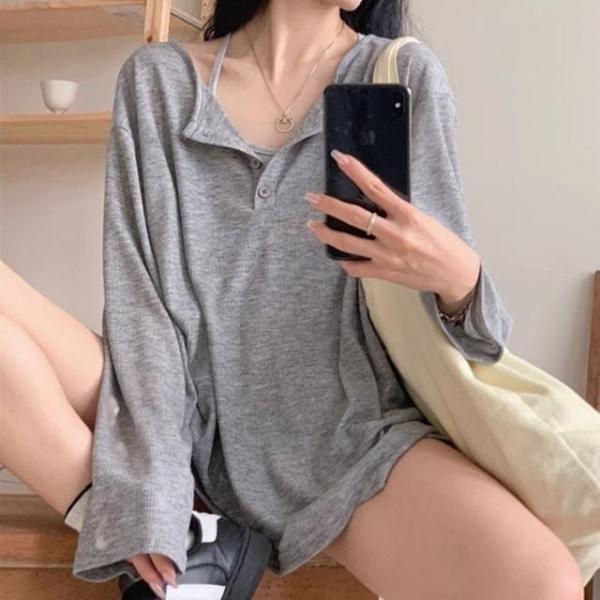 여자 루즈핏 헨리넥 티셔츠 꾸안꾸 데일리 홈웨어룩