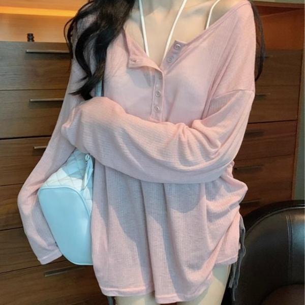 핑크 시스루 긴팔티 루즈핏 헨리넥 여름 긴팔티