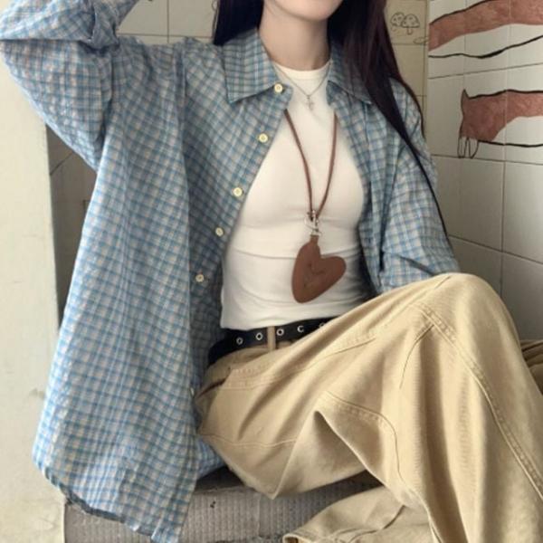 여자 체크 셔츠 루즈핏 남방 레이어드 캐주얼 데일리룩