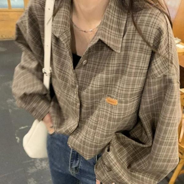 브라운 체크 셔츠 크롭 루즈핏 긴팔 남방 캐주얼