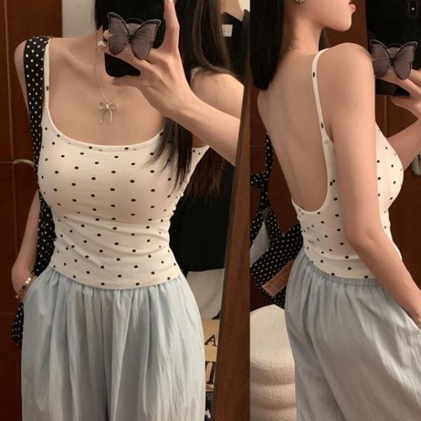 여자 도트 슬림 민소매 나시탑 여름 이너 백리스룩