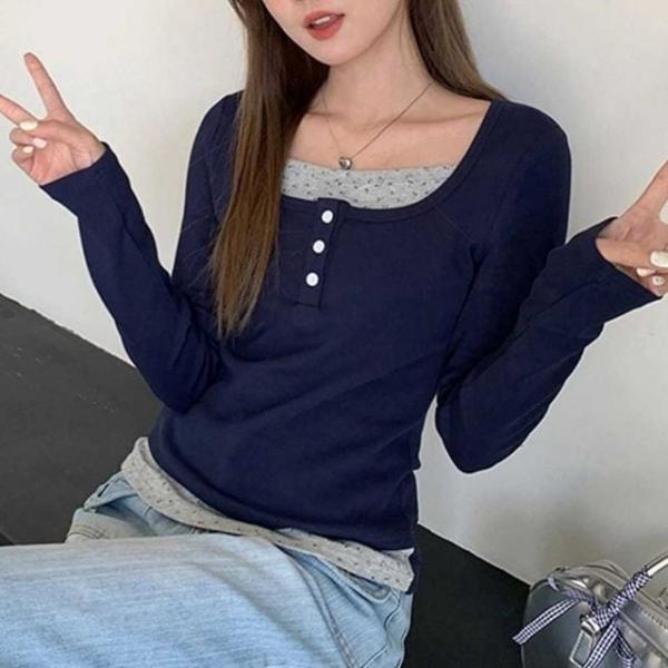 레이어드 포인트 단추 티셔츠 NM-0132