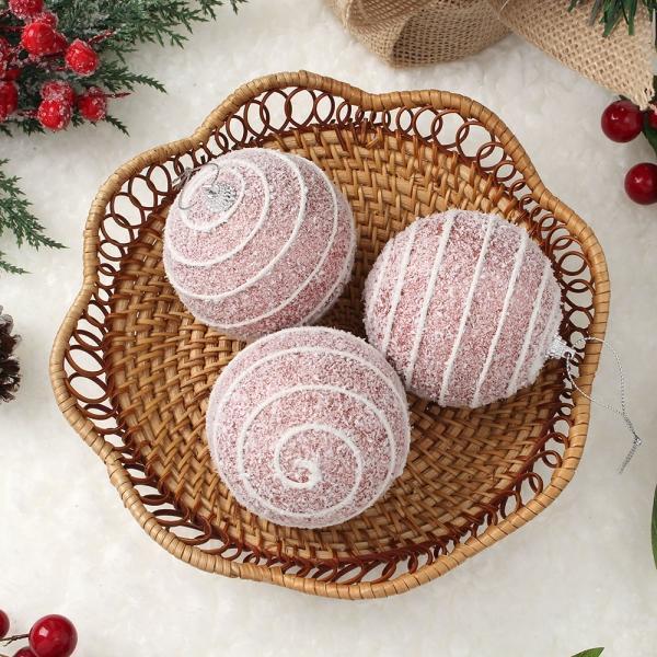 핑크블라썸 글리터 장식볼 3p(8cm) (스노우가로줄)