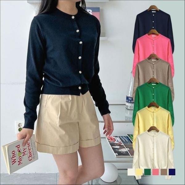 여성 베이직 심플 기본 니트 버튼 가디건 라운드넥