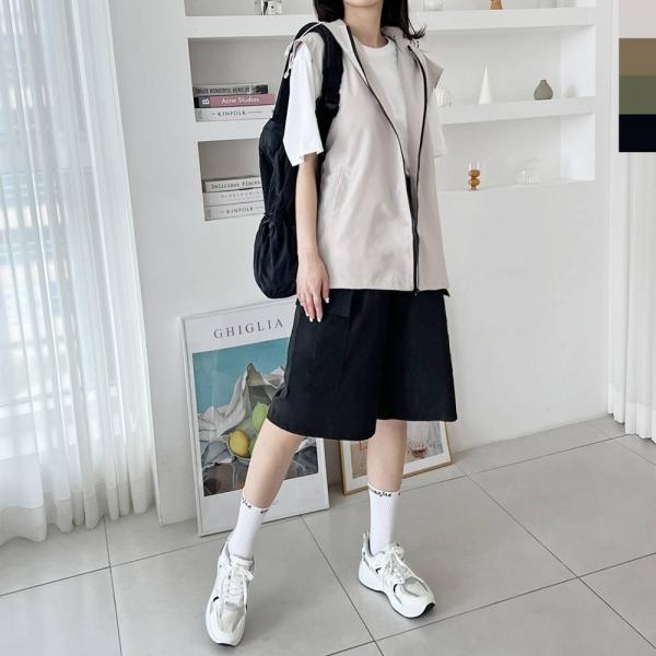 GSS SF1020W-NP52W 여자 오버핏 고프코어 후드 바람막이 조끼 카고 7부 반바지 세트