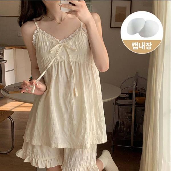 온모어 여름 잠옷 여성 세트 반팔 파자마 캡내장 여자 홈웨어 나시 부드러운 브라 시원한 프릴