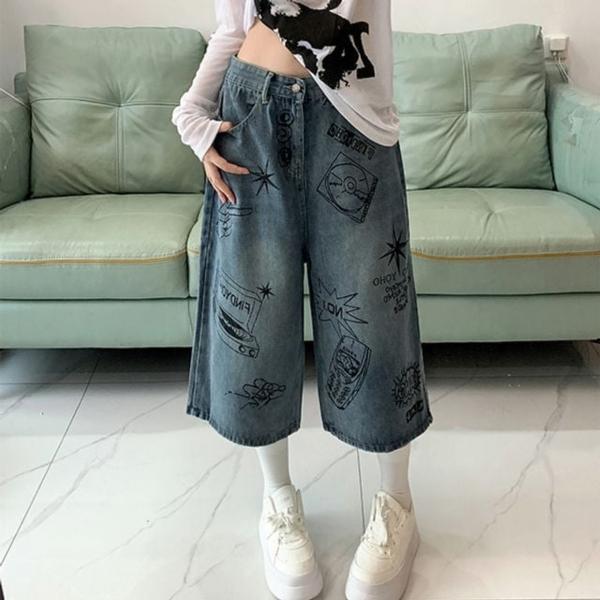 프린팅 와이드 데님 팬츠 여성 버뮤다 반바지
