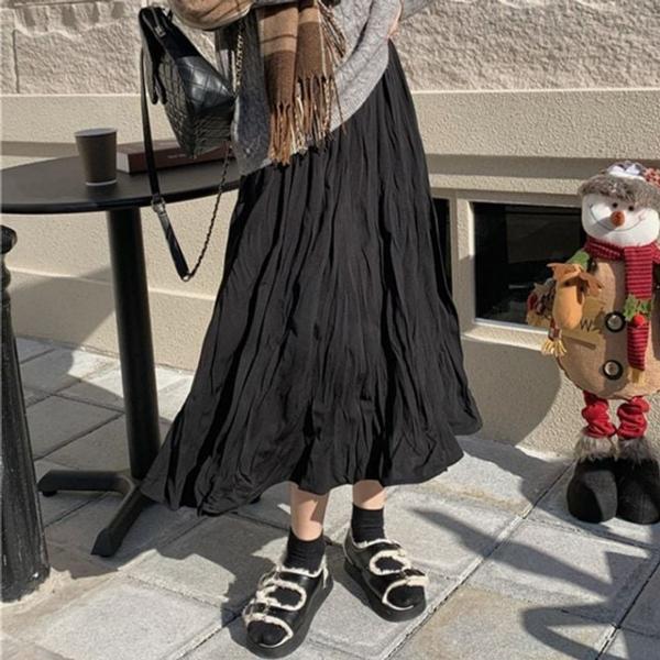 주름 롱 스커트 여성 플레어 A라인 치마