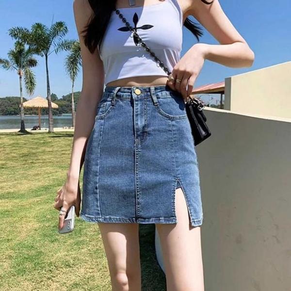 하이웨스트 옆트임 미니 데님 스커트