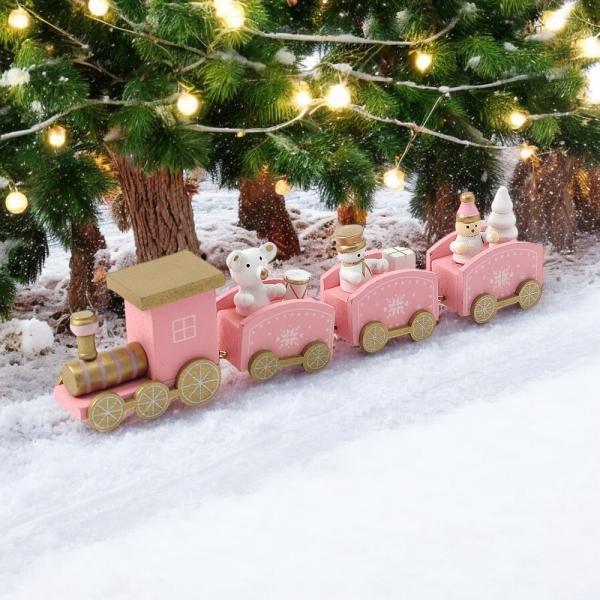 해피 크리스마스 원목 기차(핑크) 미니어처 장식소품