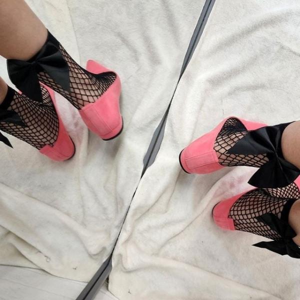 블랙 리본 시스루 그물 망사 삭스