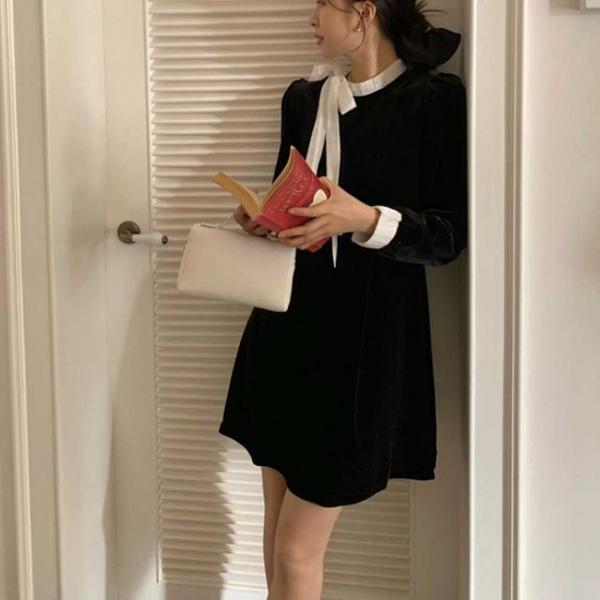 벨벳 배색카라 리본 미니원피스 하객룩 데이트룩