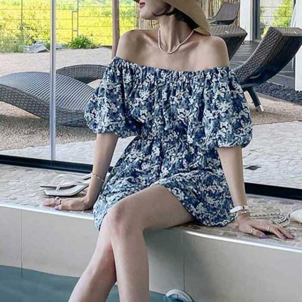 플로럴 오프숄더 미니원피스 퍼프소매 바캉스 여리핏룩