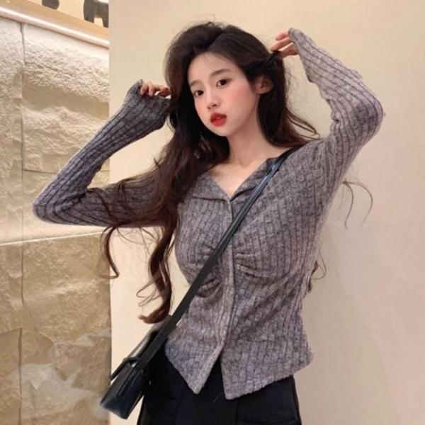 슬림핏 셔링 골지 니트 탑 데일리 여성 브이넥 긴팔