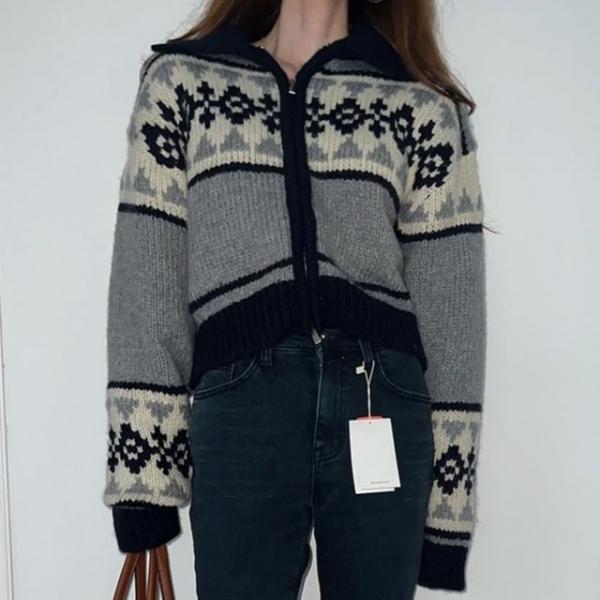 노르딕패턴 하프집업 니트가디건 겨울 포근 빈티지룩