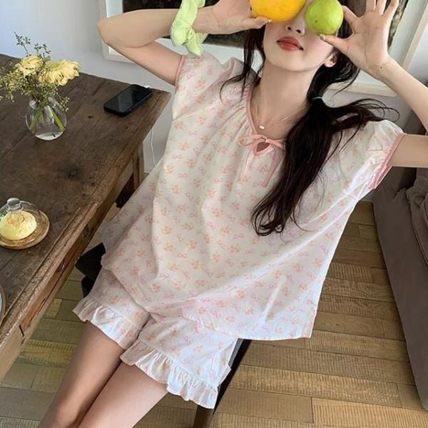 핑크 리본 장식 여성 수면잠옷 투피스 세트