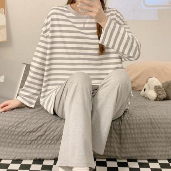 여성용 클래식 스트라이프 투피스 홈웨어 세트
