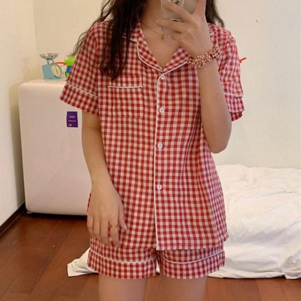여성 체크 반팔 상하세트 파자마 5컬러
