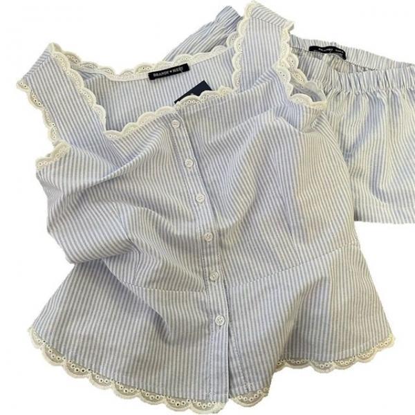 스트라이프 패턴 레이스 여름 홈웨어 파자마 세트